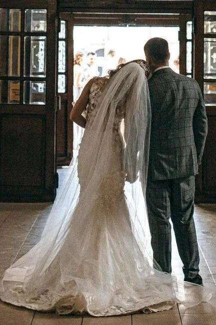 Modern Long Mermaid Sleeveless Appliques Wedding Dresses With Lace by misshow.com