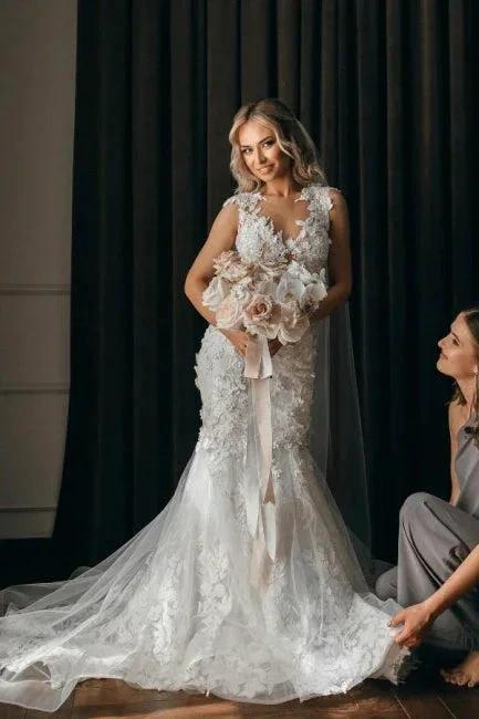 Modern Long Mermaid Sleeveless Appliques Wedding Dresses With Lace by misshow.com