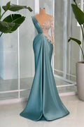 Modern Long Mermaid V-neck Lace Rhinestones Satin Long Sleeve Prom Dress by misshow.com