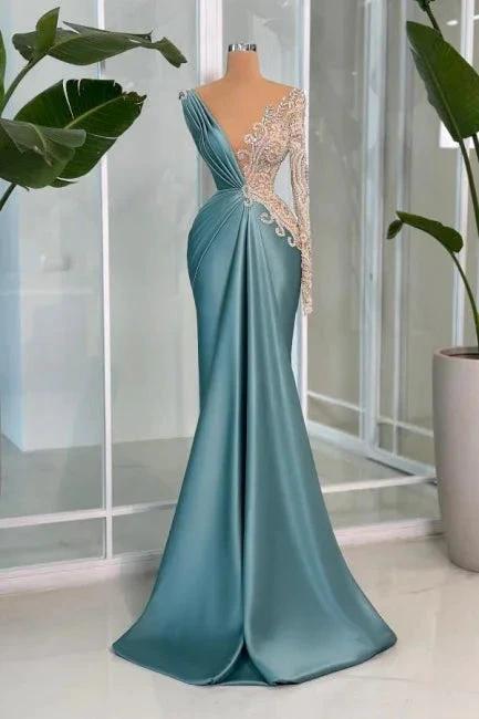 Modern Long Mermaid V-neck Lace Rhinestones Satin Long Sleeve Prom Dress by misshow.com