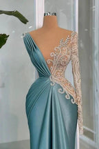 Modern Long Mermaid V-neck Lace Rhinestones Satin Long Sleeve Prom Dress by misshow.com