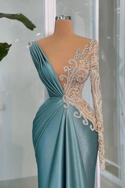 Modern Long Mermaid V-neck Lace Rhinestones Satin Long Sleeve Prom Dress by misshow.com