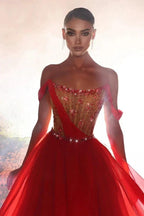 Modern Long Red A-line Off-the-shoulder Chiffon Beading Prom Dress by misshow.com