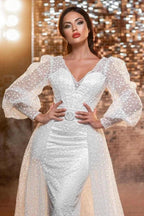 Modern Long V-neck Glitter Wedding Dresses With Long Sleeves by misshow.com