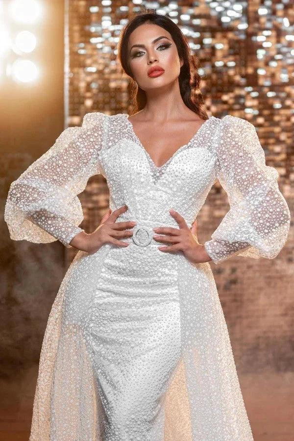 Modern Long V-neck Glitter Wedding Dresses With Long Sleeves by misshow.com