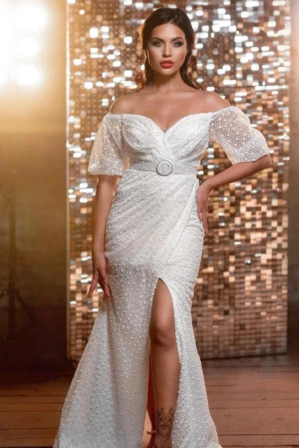 Modern Long V-neck Glitter Wedding Dresses With Long Sleeves by misshow.com
