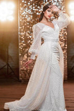 Modern Long V-neck Glitter Wedding Dresses With Long Sleeves by misshow.com