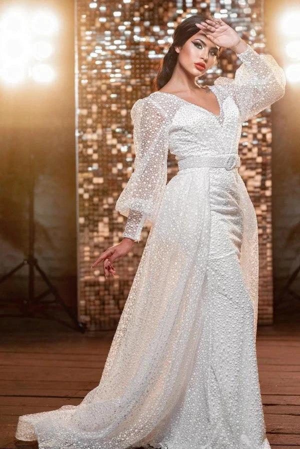 Modern Long V-neck Glitter Wedding Dresses With Long Sleeves by misshow.com
