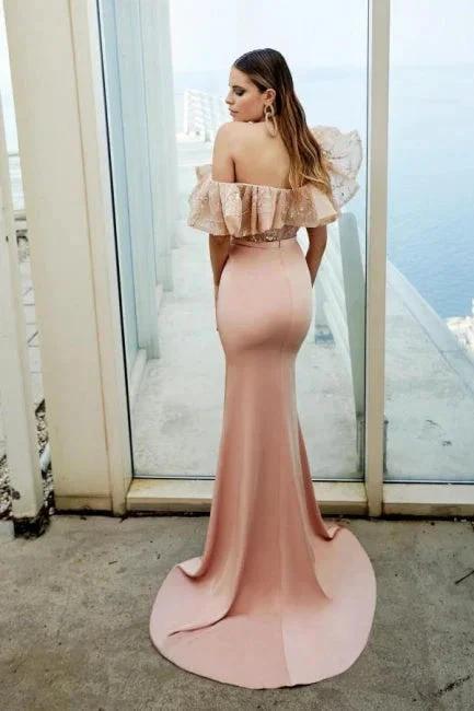 Modern Off-the-shoulder Evening Dress Long Pink Lace Prom Dresses With Slit by misshow.com