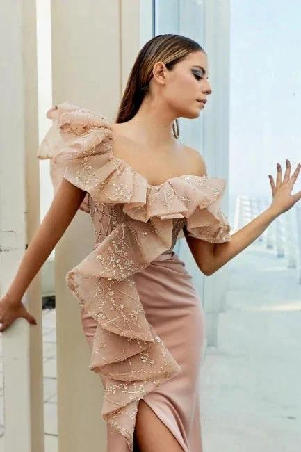 Modern Off-the-shoulder Evening Dress Long Pink Lace Prom Dresses With Slit by misshow.com
