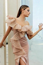 Modern Off-the-shoulder Evening Dress Long Pink Lace Prom Dresses With Slit by misshow.com