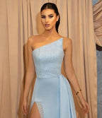 Modern One Shoulder Sequins A-Line Floor-length Split Prom Dress With Side Train by misshow.com