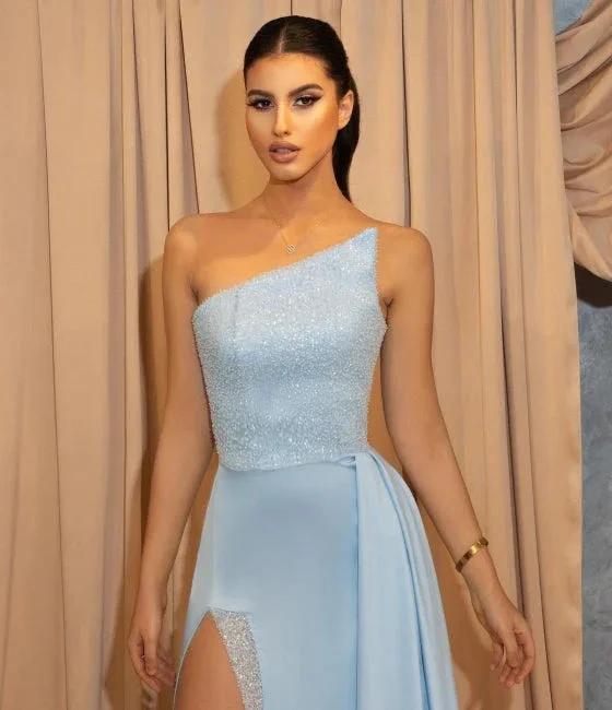 Modern One Shoulder Sequins A-Line Floor-length Split Prom Dress With Side Train by misshow.com