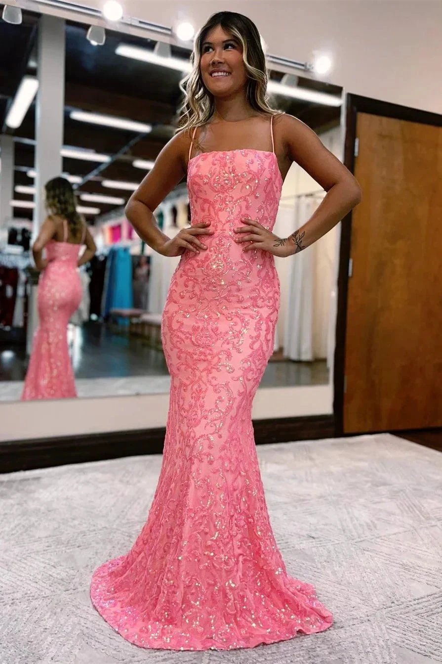 Modern Pink Long Spaghetti Straps Mermaid Prom Dress With Lace by misshow.com
