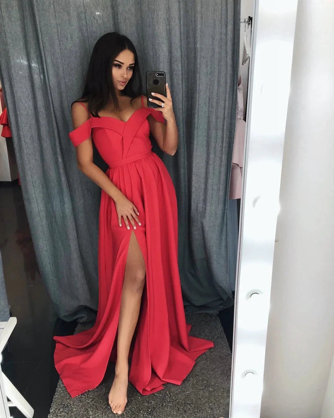 Modern Red A-Line Off-the-shoulder Long Prom Dress With Slit by BIZTUNNEL