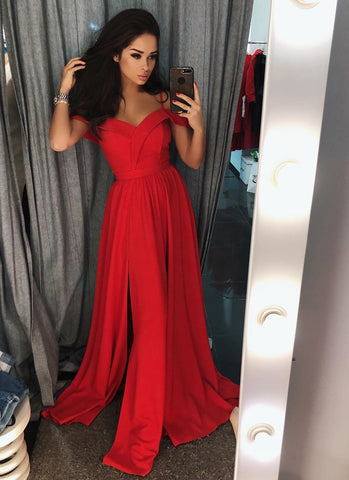 Vestido de fiesta largo moderno rojo de corte A con hombros descubiertos y abertura