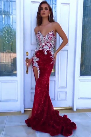Modern Red Sleeveless Split Front Mermaid Prom Dress With Crystal
