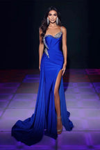 Modern Royal Blue One Shoulder Sequined Sleeveless Prom Dress With Slit by misshow.com