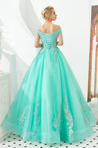 Modern Sleeveless aline Ball Gown Gold Appliques Off the Shoulder Tulle Party Gowns