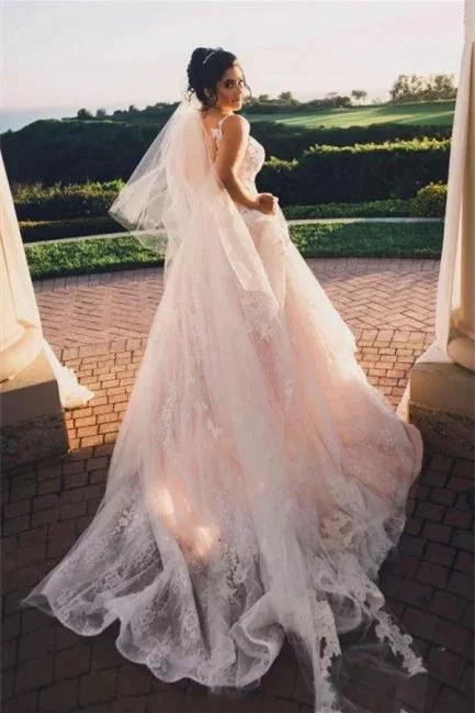 Modern V-neck Sleeveless A-line Wedding Dresses With Lace by misshow.com