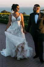 Modern V-neck Sleeveless A-line Wedding Dresses With Lace by misshow.com