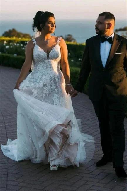 Modern V-neck Sleeveless A-line Wedding Dresses With Lace by misshow.com
