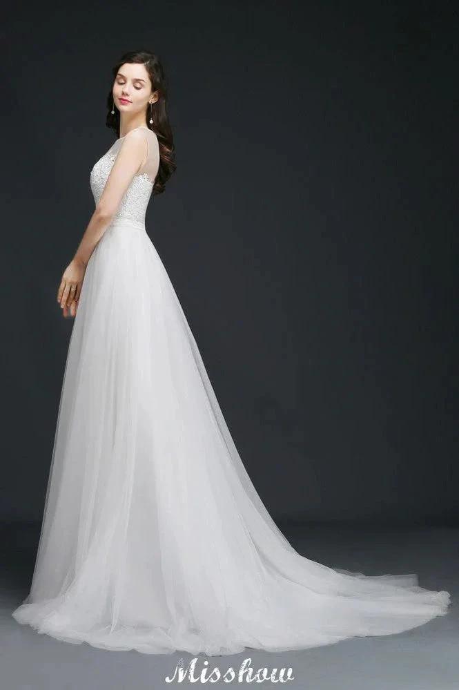 Modest A-line Illusion Lace Wedding Dress by misshow.com