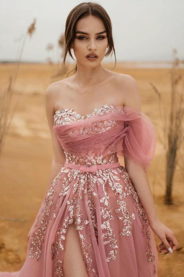 Modest A-line Strapless Tulle Lace Long Prom dress with Slit by BIZTUNNEL
