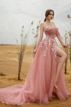 Modest A-line Strapless Tulle Lace Long Prom dress with Slit by BIZTUNNEL