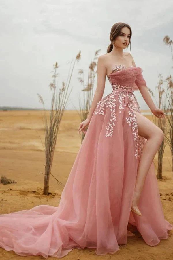 Modest A-line Strapless Tulle Lace Long Prom dress with Slit by BIZTUNNEL