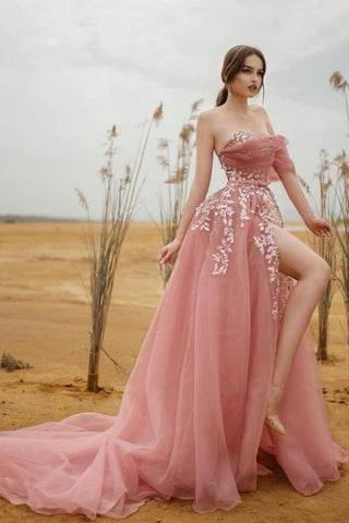 Vestido de fiesta largo de tul con encaje, modesto, sin tirantes, corte A y abertura