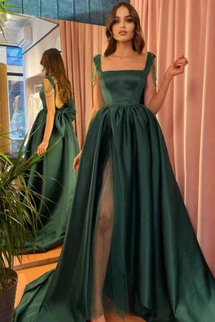 Modest Green A-Line Square Neckline Straps Prom Dresses with Slit by misshow.com