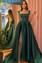 Modest Green A-Line Square Neckline Straps Prom Dresses with Slit by misshow.com