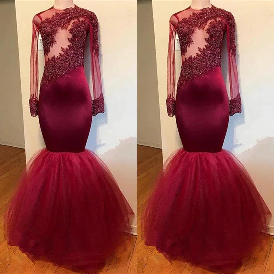 Modest Lace Appliques Long Sleeve Mermaid Prom Dress by misshow.com