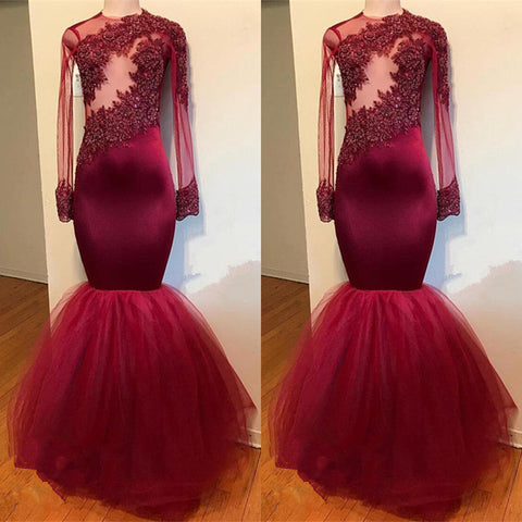 Vestido de fiesta de sirena con mangas largas y apliques de encaje modestos 