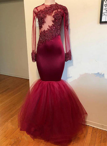 Vestido de fiesta de sirena con mangas largas y apliques de encaje modestos 