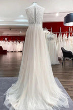 Modest Long A-line Halter Tulle Lace Backless Wedding Dresses by BIZTUNNEL