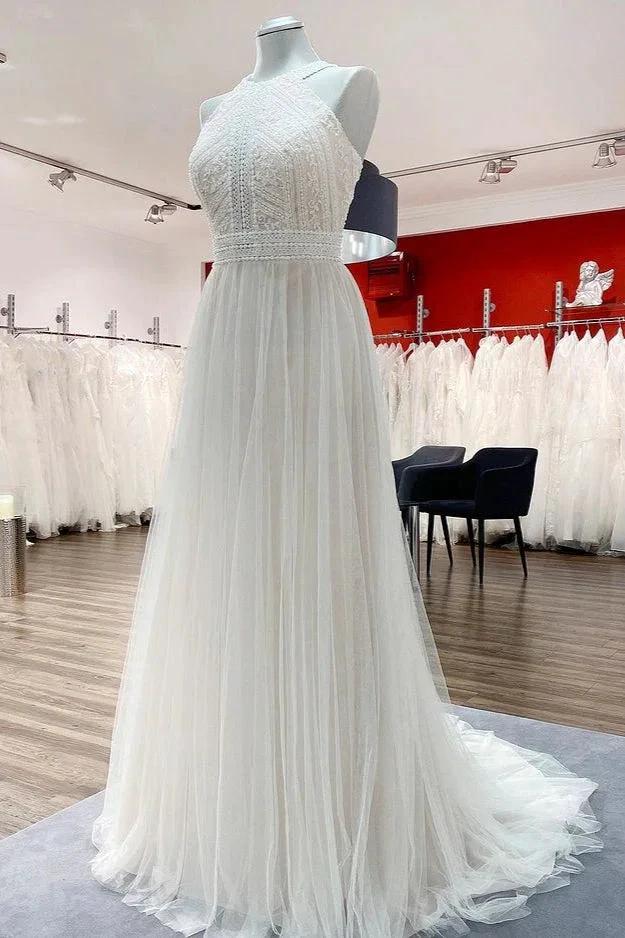 Modest Long A-line Halter Tulle Lace Backless Wedding Dresses by BIZTUNNEL