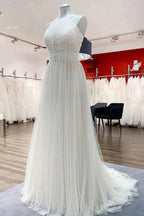 Modest Long A-line Halter Tulle Lace Backless Wedding Dresses by BIZTUNNEL
