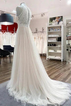 Modest Long A-line Halter Tulle Lace Backless Wedding Dresses by BIZTUNNEL