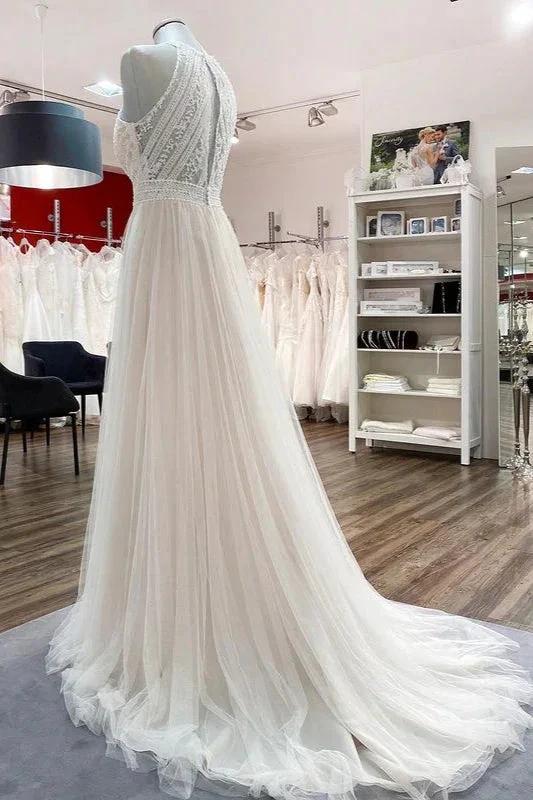 Modest Long A-line Halter Tulle Lace Backless Wedding Dresses by BIZTUNNEL