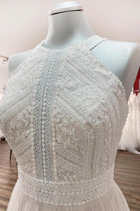 Modest Long A-line Halter Tulle Lace Backless Wedding Dresses by BIZTUNNEL