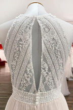 Modest Long A-line Halter Tulle Lace Backless Wedding Dresses by BIZTUNNEL