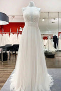 Modest Long A-line Halter Tulle Lace Backless Wedding Dresses by BIZTUNNEL
