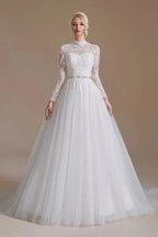 Modest Long A-line High Neck Tulle Lace Wedding Dresses with Sleeves by BIZTUNNEL