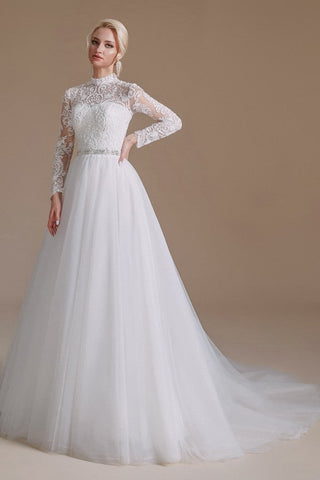 Modest Long A-line High Neck Tulle Lace Wedding Dresses with Sleeves