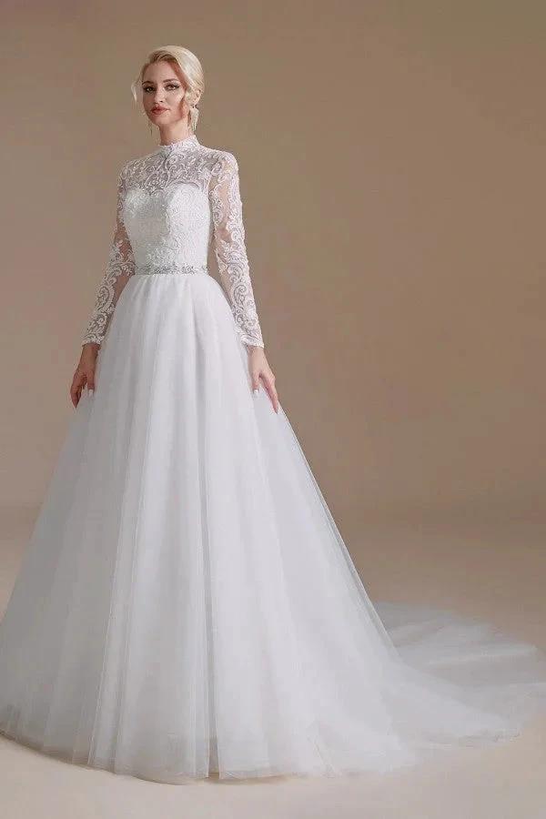 Modest Long A-line High Neck Tulle Lace Wedding Dresses with Sleeves by BIZTUNNEL