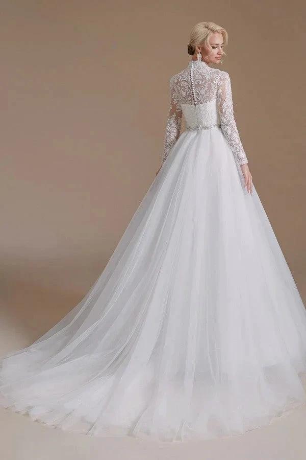 Modest Long A-line High Neck Tulle Lace Wedding Dresses with Sleeves by BIZTUNNEL