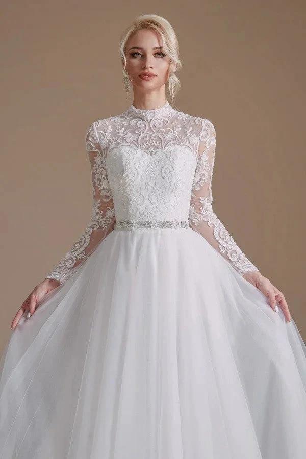 Modest Long A-line High Neck Tulle Lace Wedding Dresses with Sleeves by BIZTUNNEL