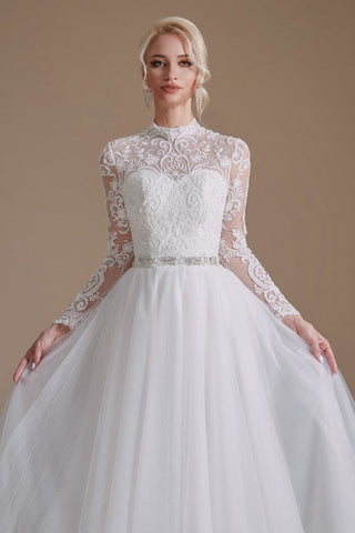 Modest Long A-line High Neck Tulle Lace Wedding Dresses with Sleeves
